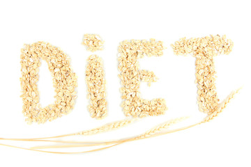 the word diet made from oat flakes with ears isolated on white