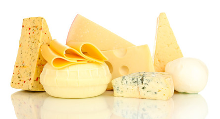 Various types of cheese isolated on white