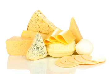 Various types of cheese isolated on white