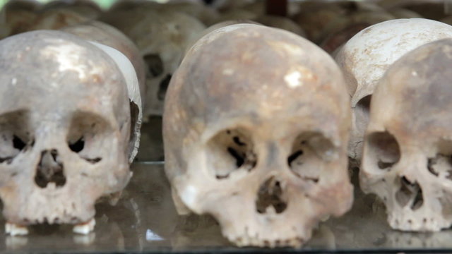 Skulls and bones in Killing field, cambodia, static camera