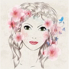 Fototapeten Gesicht eines schönen Modemädchens in Blumen © Aloksa