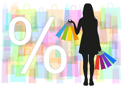 Silhouette of the girl with bags in hands and sign discounts