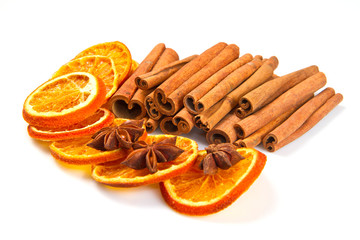 Cinnamon sticks, star anise and dried orange cuts