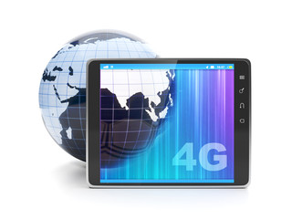 High speed internet 4g. Tablet PC and the model of the earth on