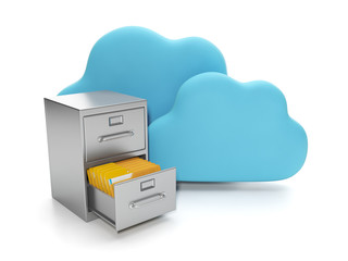 Cloud computing, data storage on servers. Box with documents and