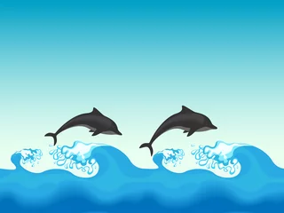 Poster Twee dolfijnen springen in zee, naadloze vectorillustratie © ferdiperdozniy