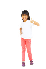 Full length of young asian girl showing thumbs up