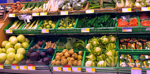 Vegetables on display in a supermarket