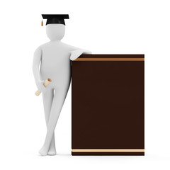3d Man with Graduation Cap, Diploma and Book on white background