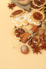 composition of christmas spices, on beige background