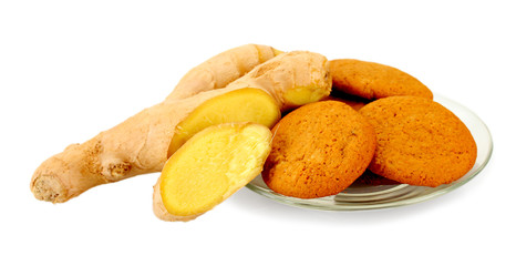 Ginger cookies with fresh ginger root isolated on white