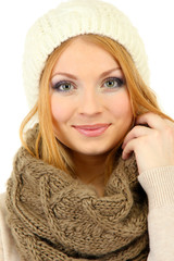 Young beautiful woman wearing winter clothing, isolated on