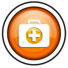 first aid kit orange glossy icon isolated on white background