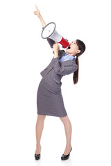 Fototapeta premium Business woman with megaphone yelling and pointing
