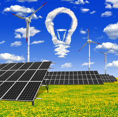 Bulb from clouds above the solar  panels with wind turbines