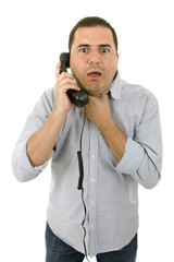 young man with a phone, isolated on white