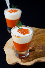 appetizer of sweet pepper, cream and red caviar