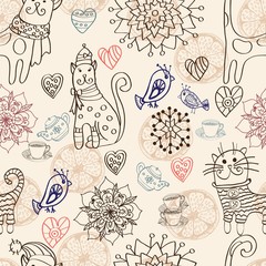 Seamless background with cats and flowers