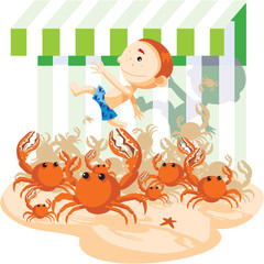 Naklejka premium Crabs chase a boy