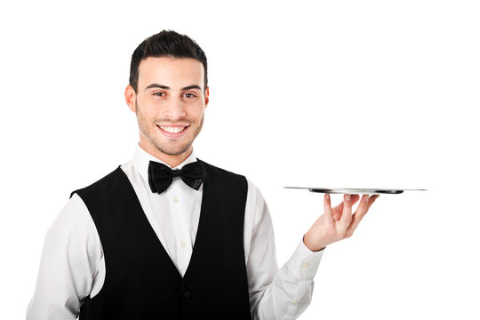 Waiter holding an empty dish. Isolated on white