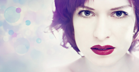 Red lipstick. Beauty white woman portrait