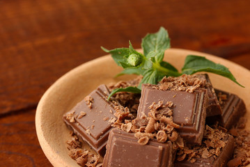 Pieces of chocolate and mint