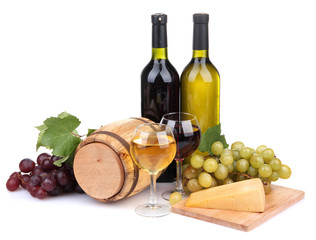 Barrel, bottles and glasses of wine, cheese and grapes,