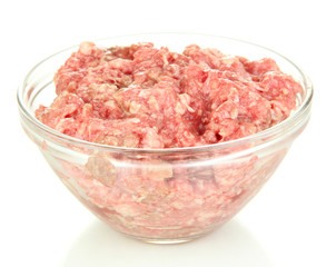 Bowl of raw ground meat isolated on white