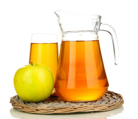 Full glass and jug of apple juice and apple isolted on white