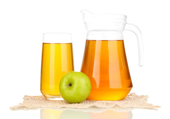 Full glass and jug of apple juice and apple isolted on white