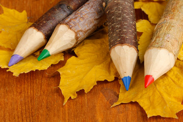 Colorful wooden pencils with autumn leafs on wooden table