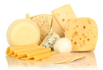 Various types of cheese isolated on white