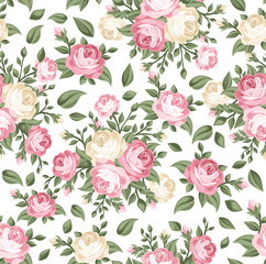 Modèle sans couture avec des roses roses et blanches. Illustration vectorielle.