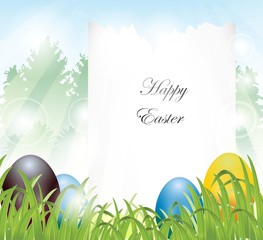 colorful easter eggs with pine forest backround and blank  sign