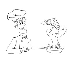 A chef is frying fish