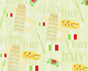 Italien reisen nahtloses Muster mit nationaler italienischer Küche, Sehenswürdigkeiten