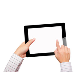 Hands with tablet computer. Isolated on white background.