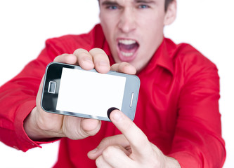 angry man showing smart phone