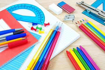 School equipment on writing desk