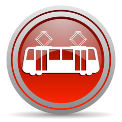 tram red glossy icon on white background