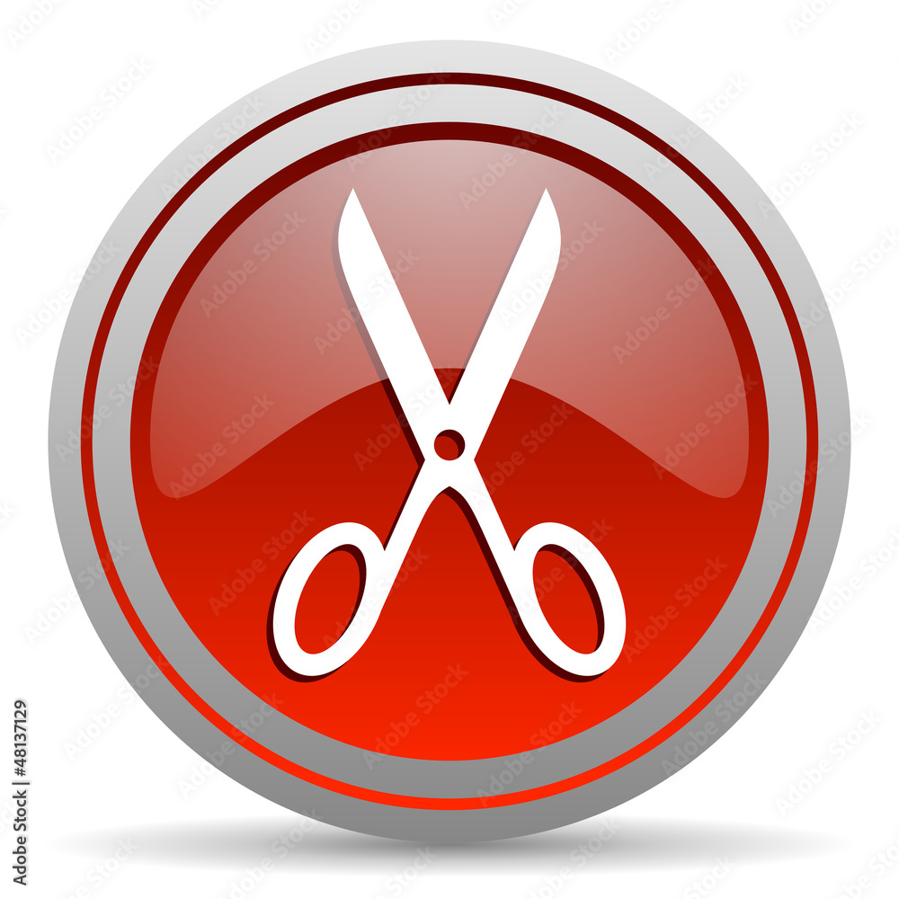 Poster scissors red glossy icon on white background