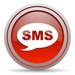 sms red glossy icon on white background