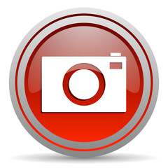 camera red glossy icon on white background