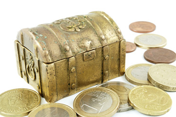 Brass money box and cash