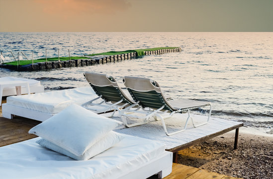 Facilities for relaxation on marine beach near Eilat, Israel