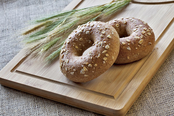 Bagels on bread board