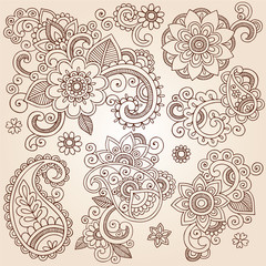 Ornate Henna Paisley Doodle Vector Design Elements