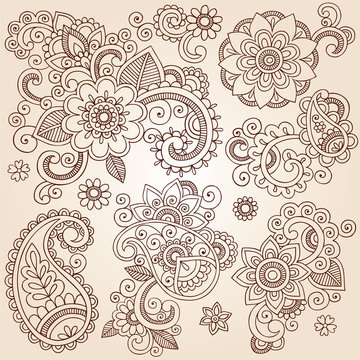 Ornate Henna Paisley Doodle Vector Design Elements