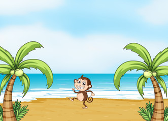 A monkey dancing on a beach
