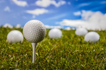Golf theme on green grass and sky background